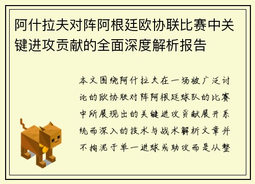 阿什拉夫对阵阿根廷欧协联比赛中关键进攻贡献的全面深度解析报告