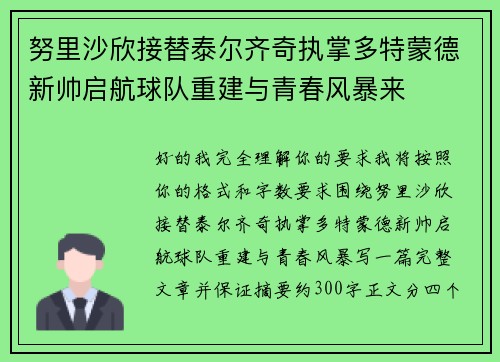 努里沙欣接替泰尔齐奇执掌多特蒙德新帅启航球队重建与青春风暴来 努里沙欣接替泰尔齐奇执掌多特蒙德新帅启航球队重建与青春风暴来